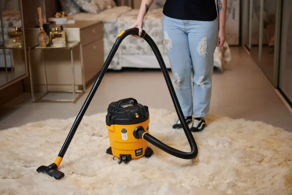 Aspirador de Pó e Água WAP GTW 10 1400W na cor amarelo e preto, apresentado junto aos acessórios que acompanham o produto, incluindo mangueira, tubos de extensão, bocal para pisos, escova, bico para cantos e filtros laváveis. A composição destaca a versatilidade do equipamento para diferentes tarefas de limpeza.